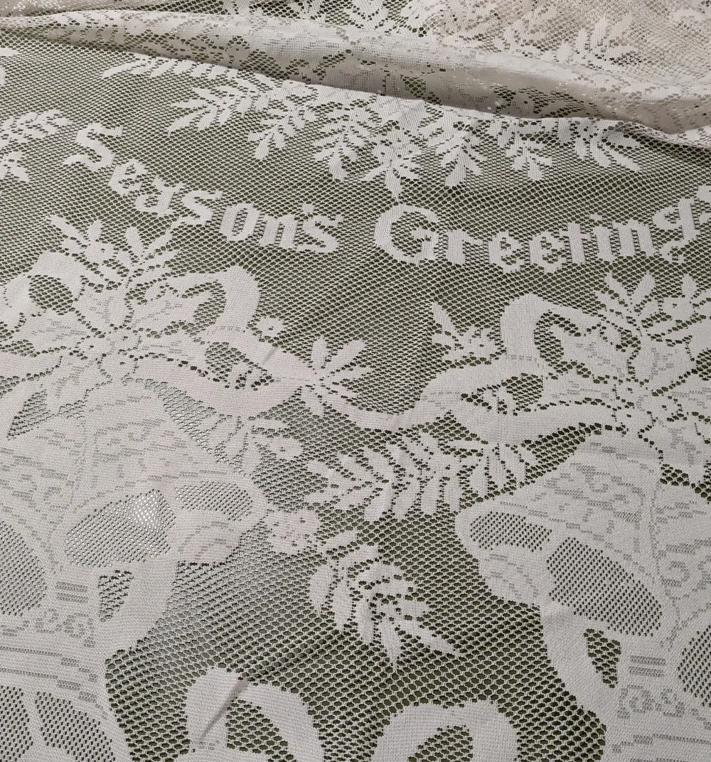 Vintage Cream Lace Rectangle Seasons Greetings Christmas Tablecloth Bells